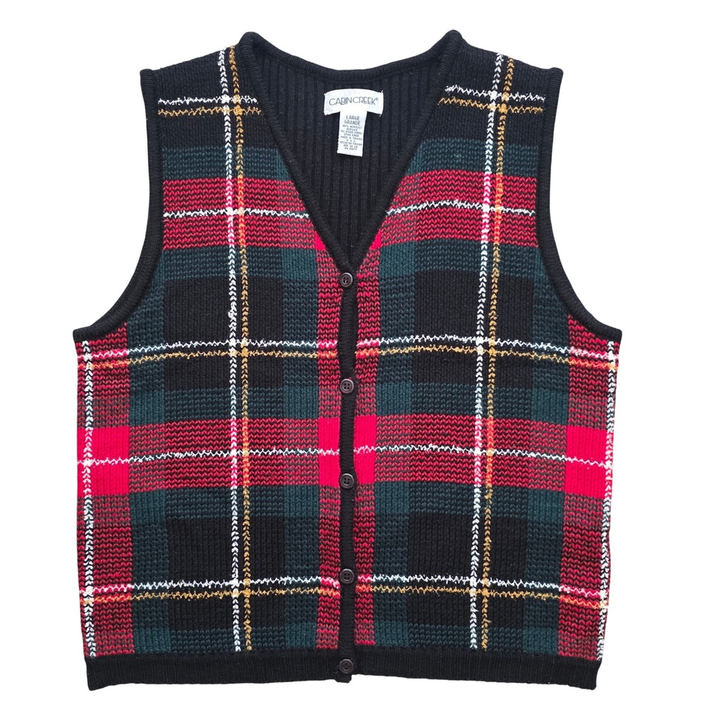 Vintage Dark Academia Red Plaid Sweater Vest Button Front By Cabin Creek Large